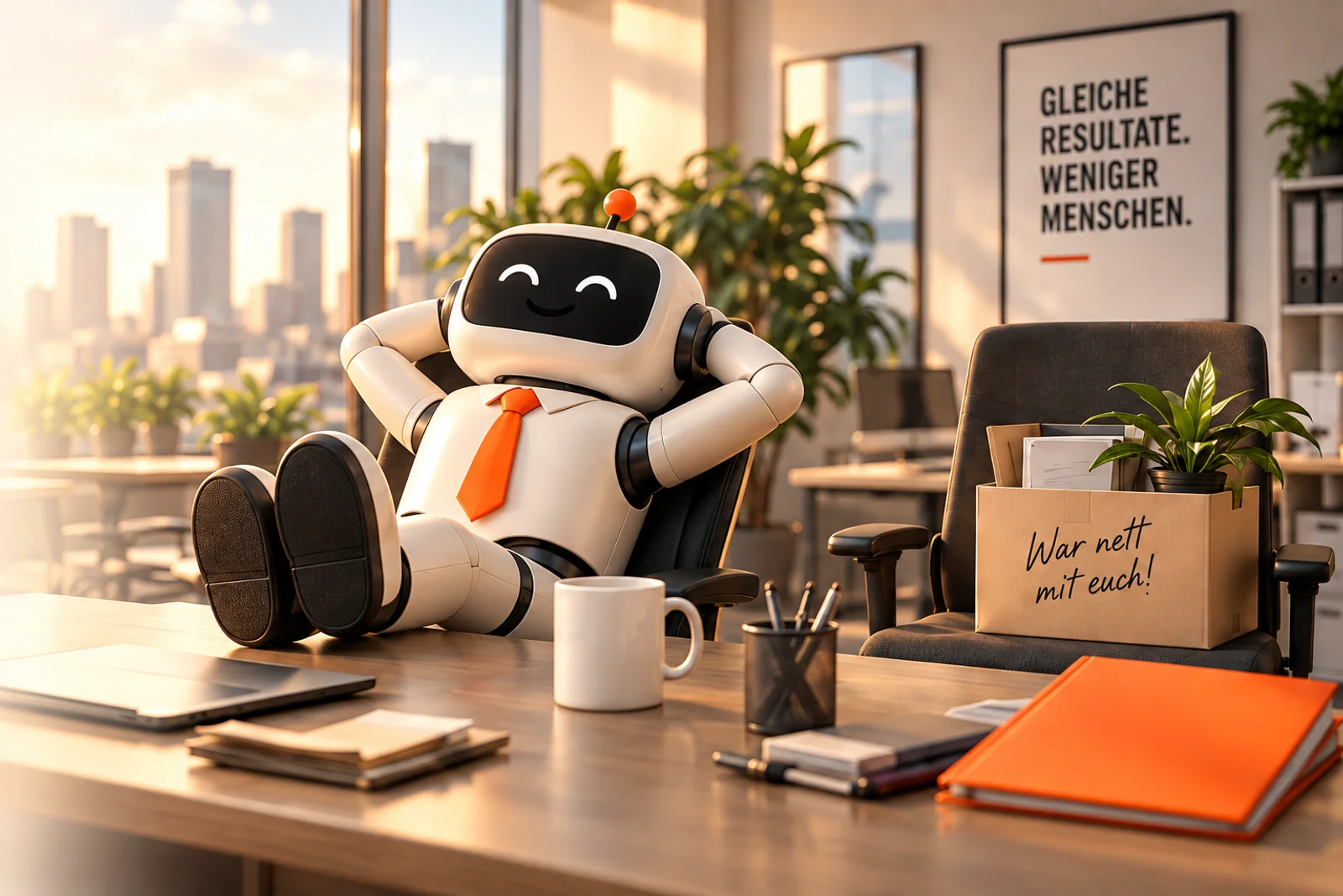 Ein lächelnder Roboter mit orangefarbener Krawatte entspannt im Büro, die Füße auf dem Schreibtisch. Auf dem leeren Stuhl daneben steht ein Umzugskarton mit Pflanze.